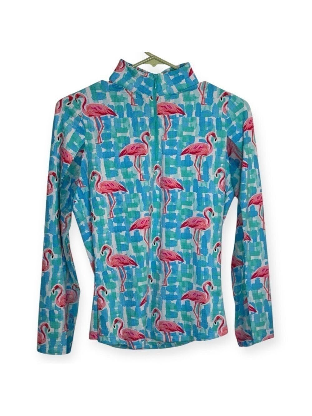 IBKUL Pink Flamingo Blue Mesh 1/4 Zip Sun Shirt Extra Small UPF 50+
